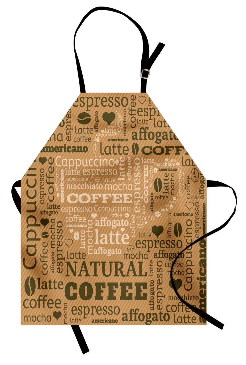 Ambesonne Modern Apron, Modern Style Typography Word Arrangements Tracking Coffee Themed Beverage Design, Unisex Kitchen Bib with Adjustable Neck for Cooking Gardening, Adult Size, Pale Brown